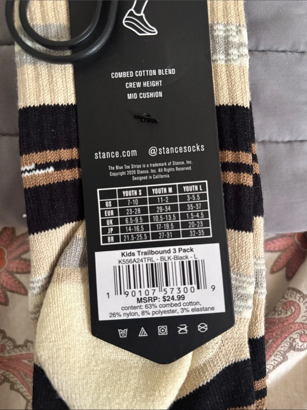 Stance Kid’s Casual Socks Size L - Black, Gray, Cream, Coral & Teal Accents